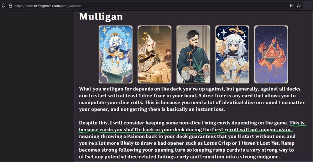 Perbandingan tangan mulligan deck Furina Freeze Genshin Impact TCG