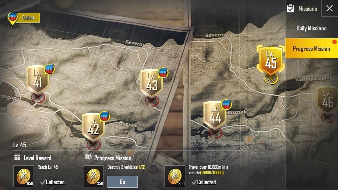 Gráfico de comparação de pontos de missão RP do PUBG Mobile