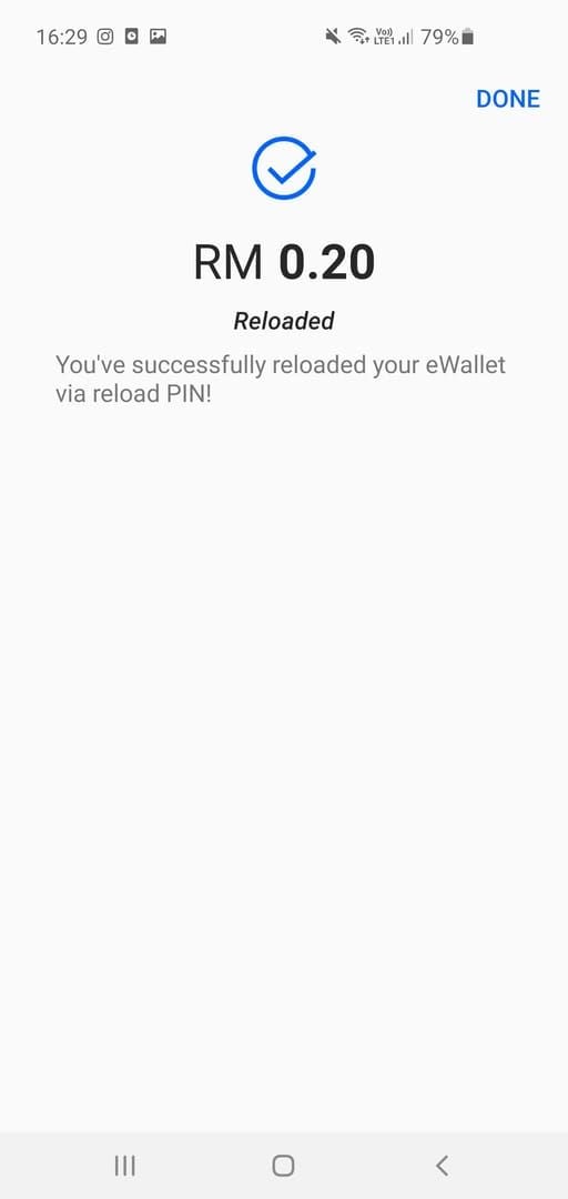 Captură de ecran a funcției de revendicare a codului pin din aplicația TNG eWallet pentru reîncărcare instantanee