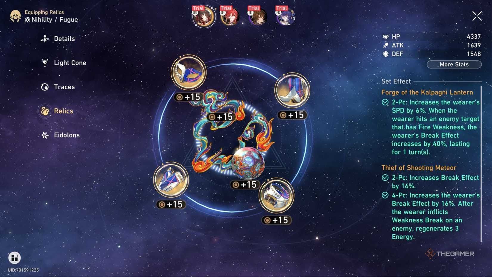 Relíquias ideais para Fugue em Honkai: Star Rail: Ladrão de Meteoro Brilhante e Cavalaria de Ferro