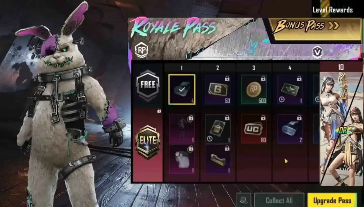 PUBG Mobile Royale Pass rewards screen displaying premium tier items and cosmetics