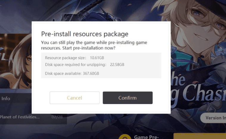 PC installation interface showing Honkai Star Rail storage requirements