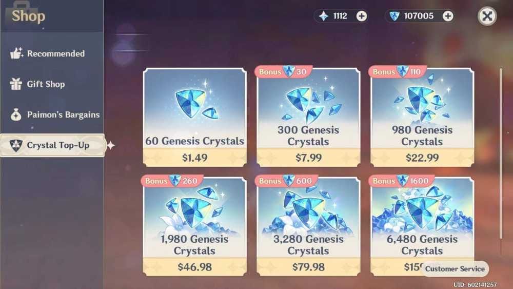 Genshin Impact Crystal Top-Up shop interface displaying the 8080 Genesis Crystals package for $99.99