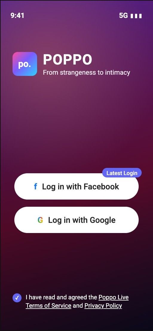 Tela de cadastro do Poppo Live com login do Google e Facebook