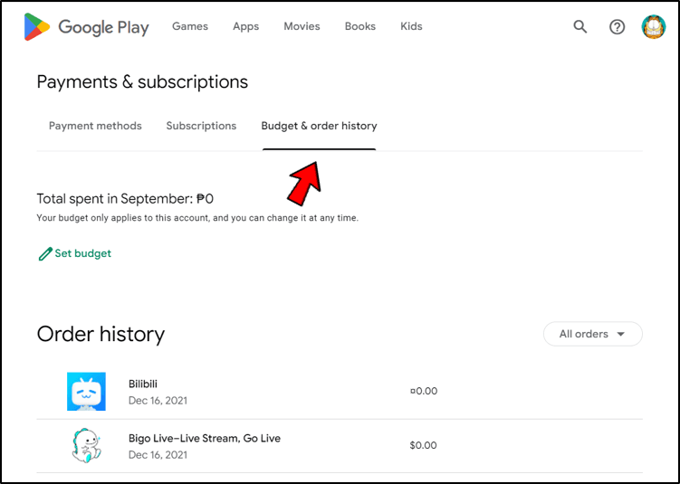 Google Play budget and order history screen showing pending purchase state