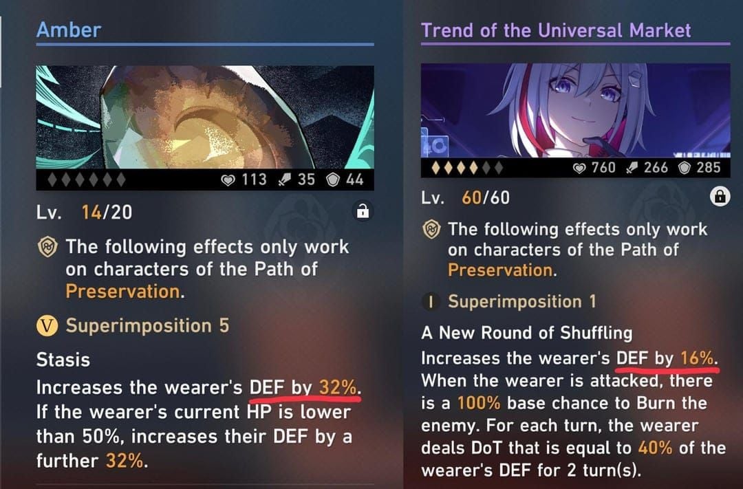 Porównanie statystyk i efektów stożków Dance! Dance! Dance! oraz Trend of the Universal Market w Honkai Star Rail