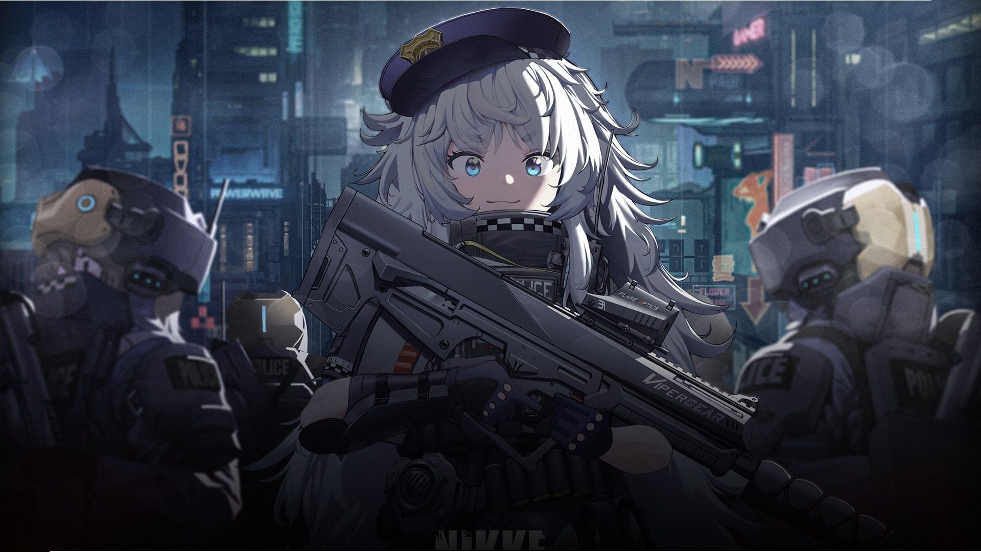 Official NIKKE landscape combat art of Poli with her squad