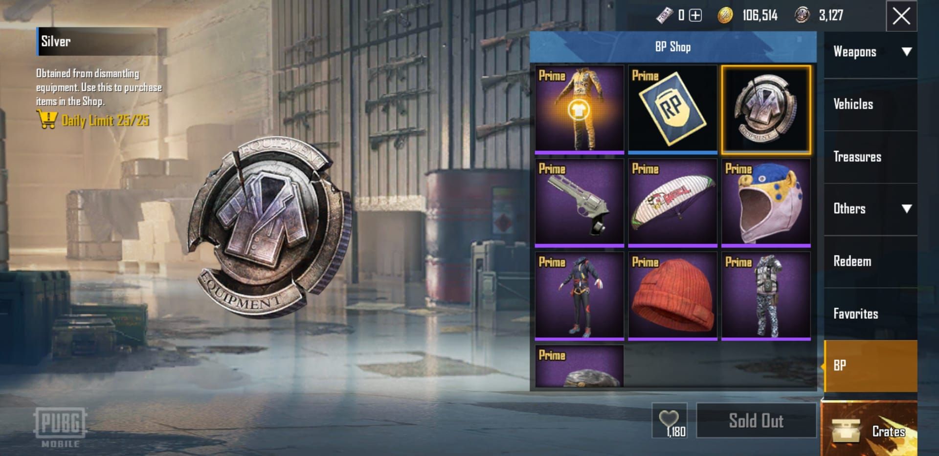 PUBG मोबाइल सिल्वर फ्रैगमेंट शॉप कॉस्मेटिक्स और आइटम प्रदर्शित कर रही है