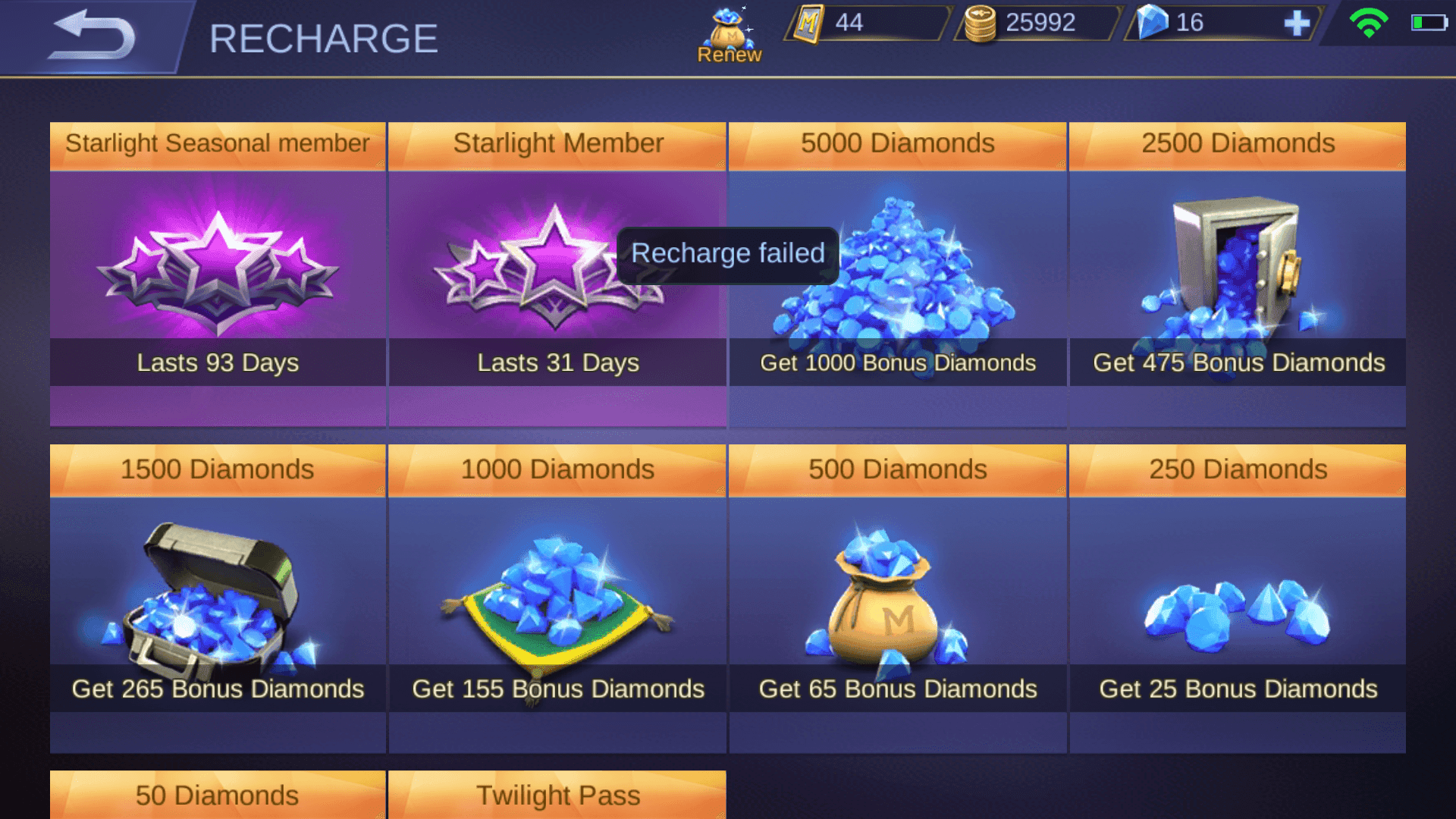 Mobile Legends diamond purchase screen showing various diamond packages and their prices