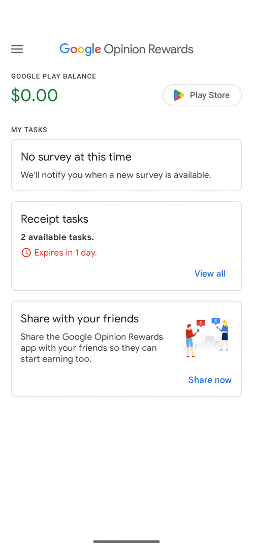 Google Opinion Rewards app interface showing survey completion screen