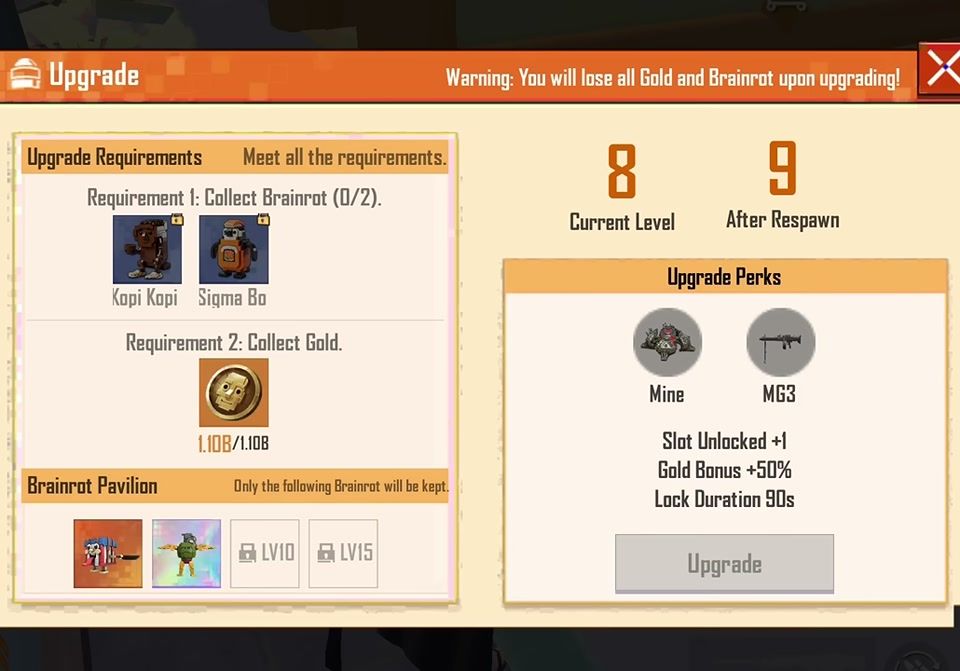 Menu d'amélioration de réapparition Brainrot Master dans PUBG Mobile Brainrot Royale
