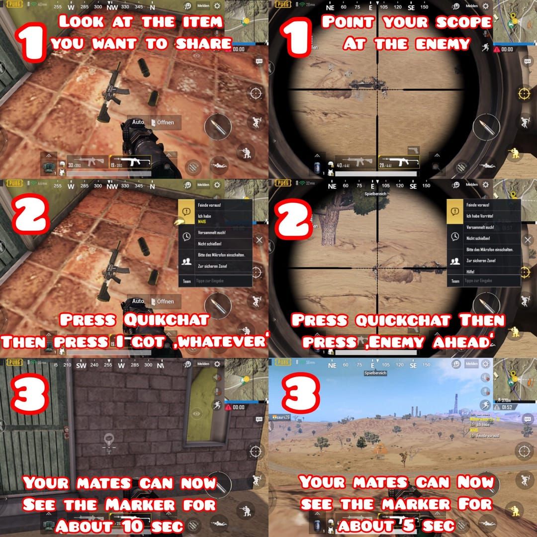 Геймплей PUBG Mobile, показывающий способность «Сканирование», отмечающую позиции врагов