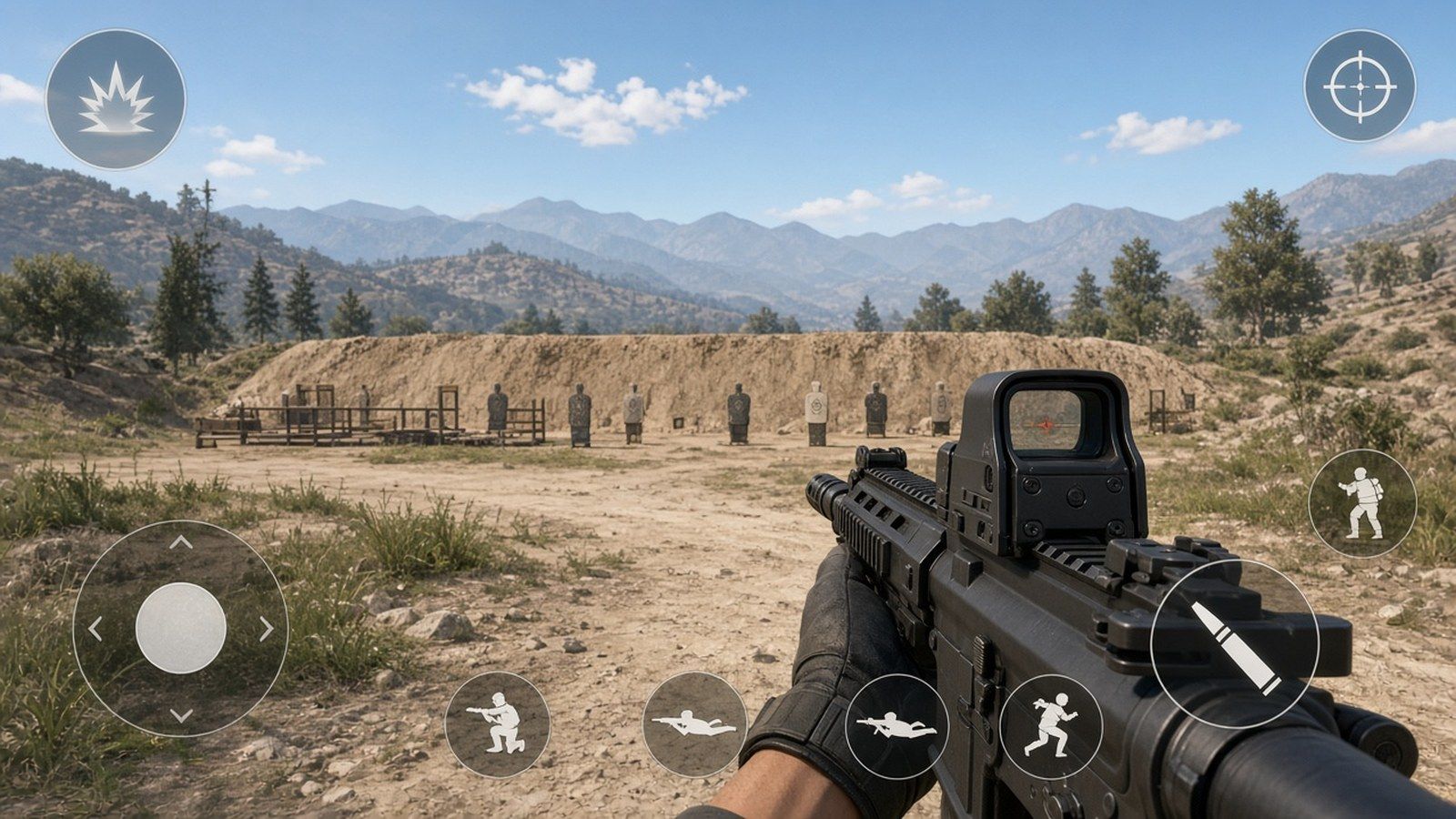 Training range first-person spray practice with mobile HUD