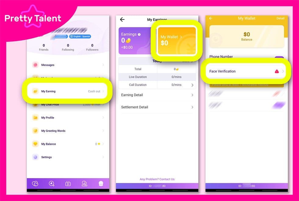 Guía de verificación facial de Chamet que muestra los movimientos de cabeza y gestos faciales requeridos para la verificación de la cuenta
