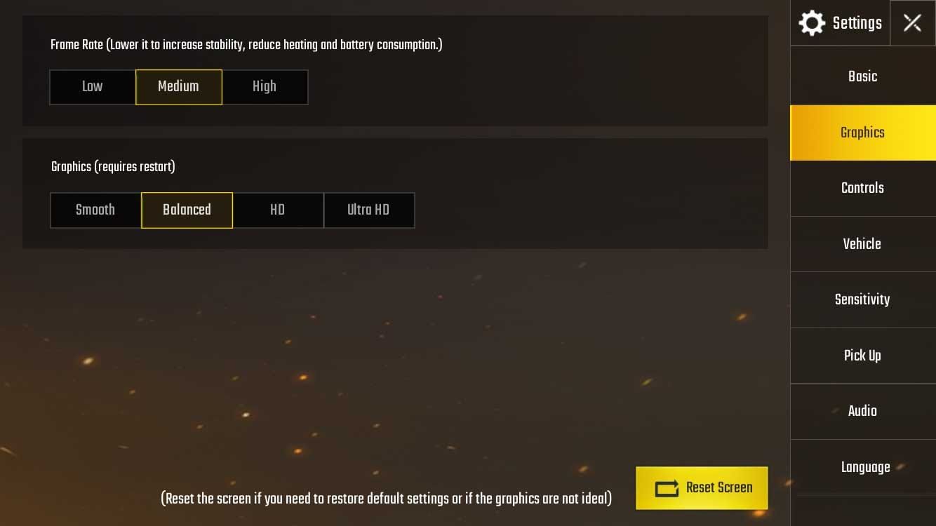 PUBG Mobile graphics settings menu displaying lowest detail configuration for optimal iPhone performance