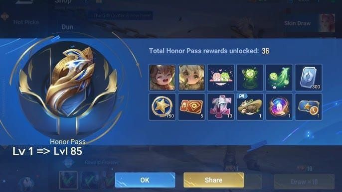 왕자영요 명예 패스 프리미엄 보상 및 진행 레벨 표시