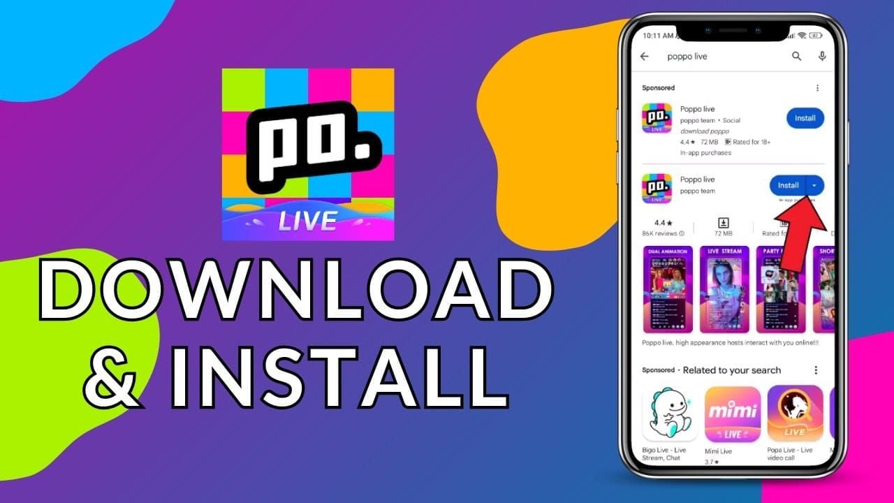 Step-by-step installation guide showing how to download Poppo Live from Google Play Store on PC emulator