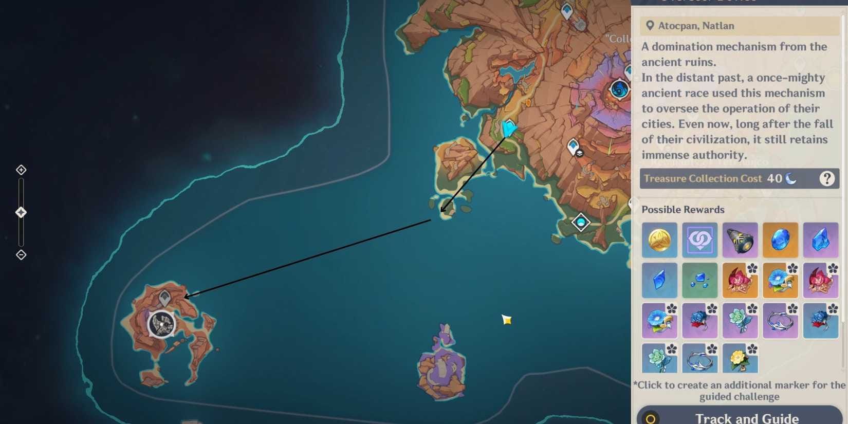 Mapa Genshin Impact ukazující polohu Secret Source Automaton Overseer Device poblíž Atocpanu v Natlanu