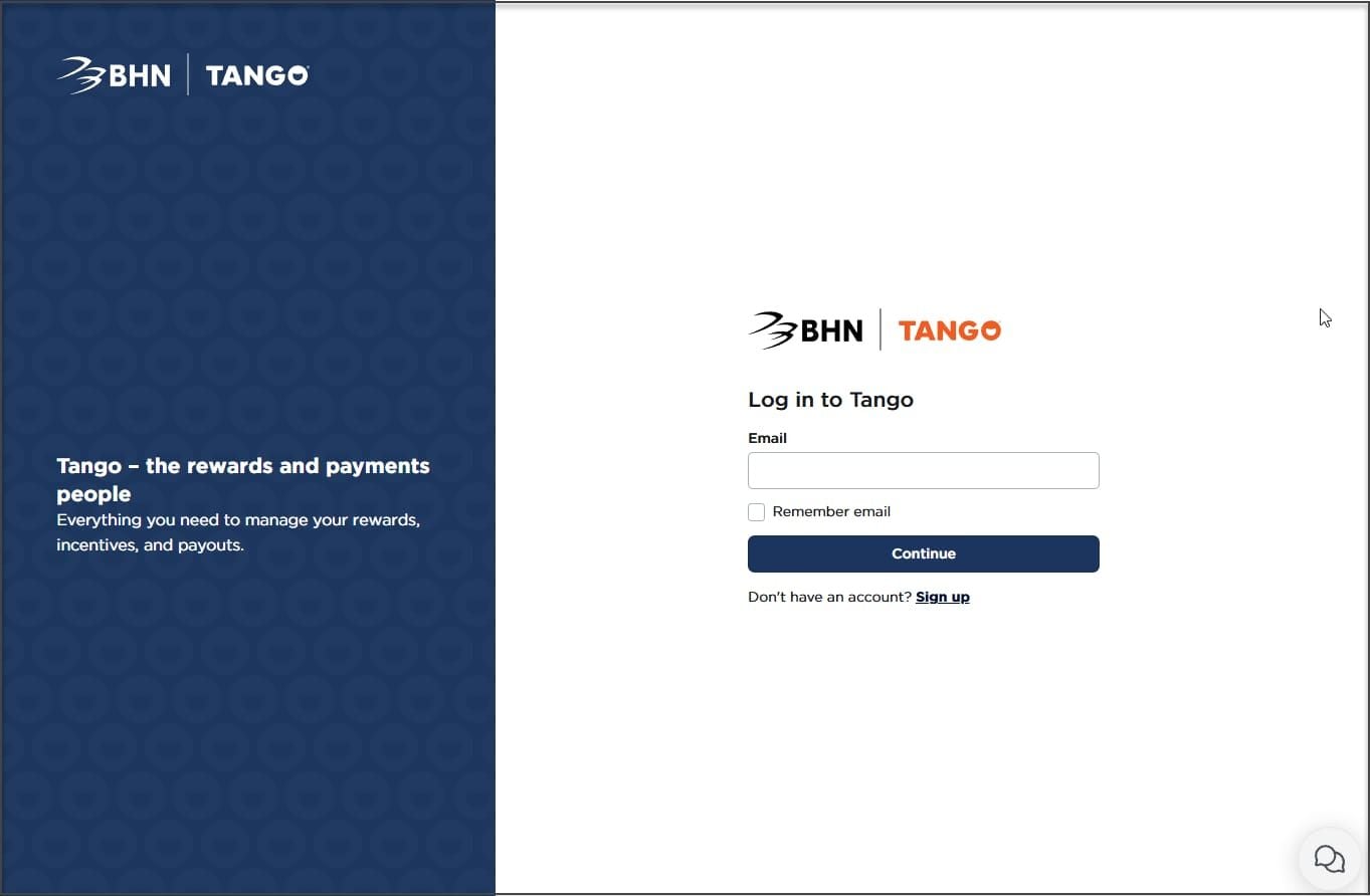 Tango 공식 웹 포털 로그인 화면