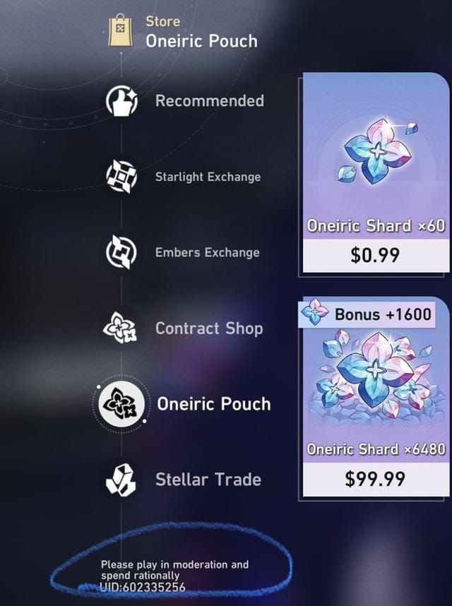 Honkai Star Rail Oneiric Pouch store interface displaying various shard purchase packages
