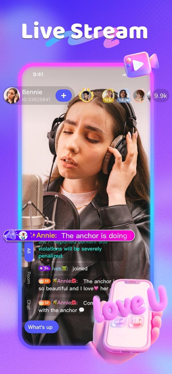 Скриншот Poppo Live из App Store с комнатой трансляции, где ведущая поет в микрофон, и чатом зрителей