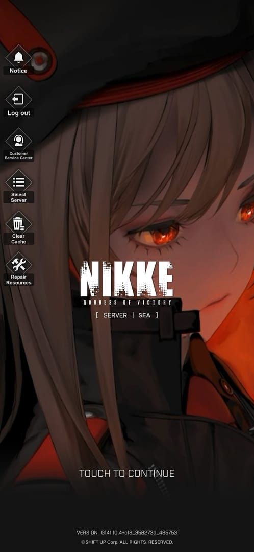Écran du lobby principal de Goddess of Victory: NIKKE affichant le nom du serveur et l'indicateur de région