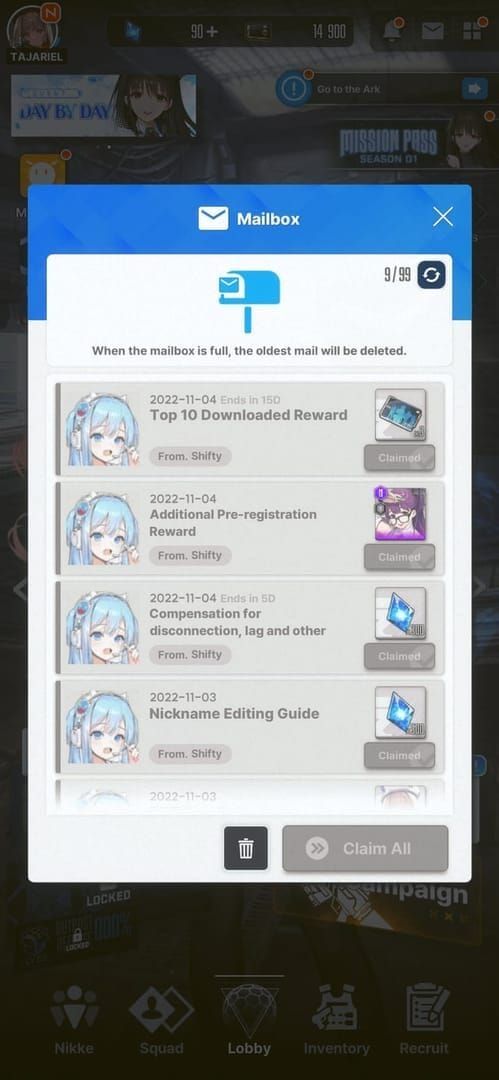 रिडीम किए गए कोड रिवॉर्ड्स दिखाते हुए Goddess of Victory NIKKE मेलबॉक्स हिस्ट्री स्क्रीन