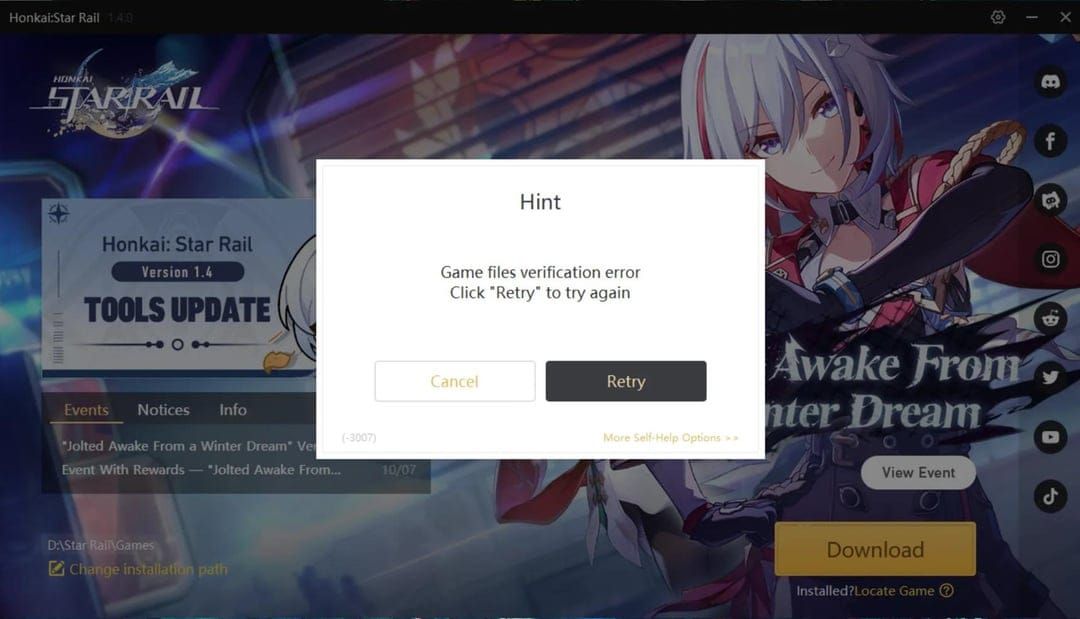 Snímek obrazovky chyby vypršení platnosti kódu v Honkai: Star Rail