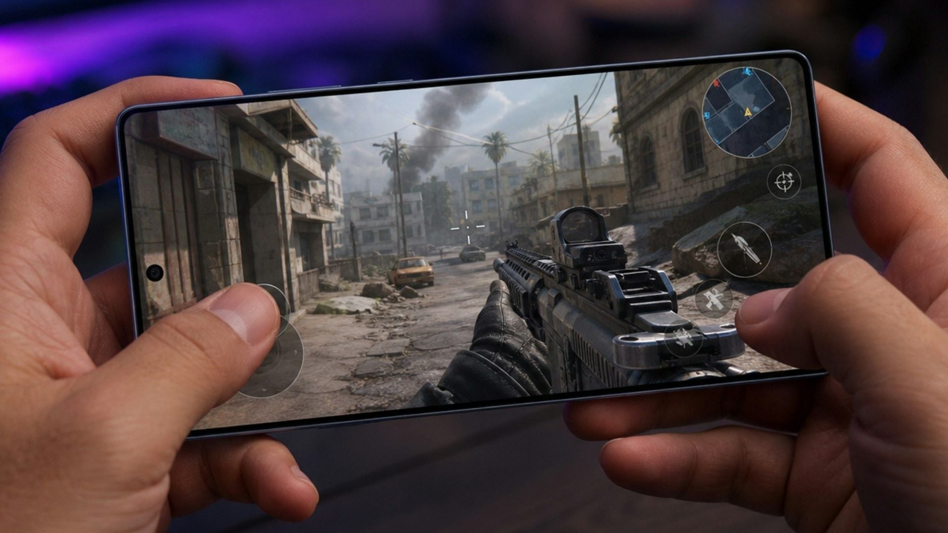 Hands holding a 120Hz flagship in landscape while aiming a mobile shooter