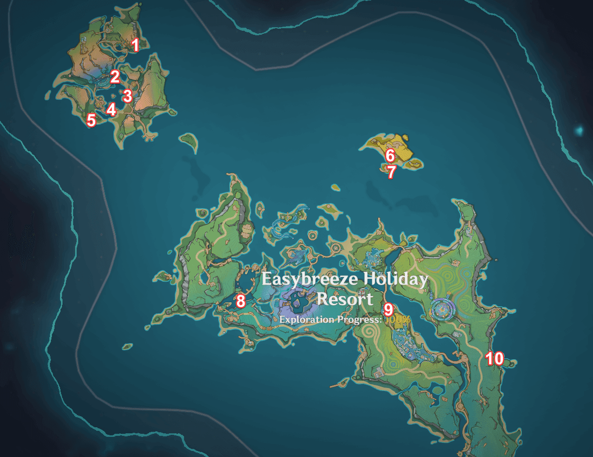 Genshin Impact Version 5.8 Easybreeze Holiday Resort map showing Tenochtzitoc island with four zones