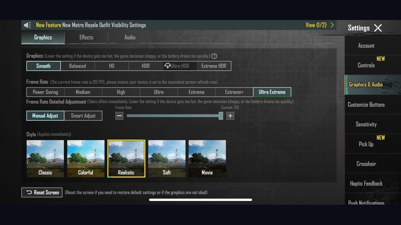 PUBG Mobile grafika Smooth s Ultra Extreme 120 FPS na iPadu