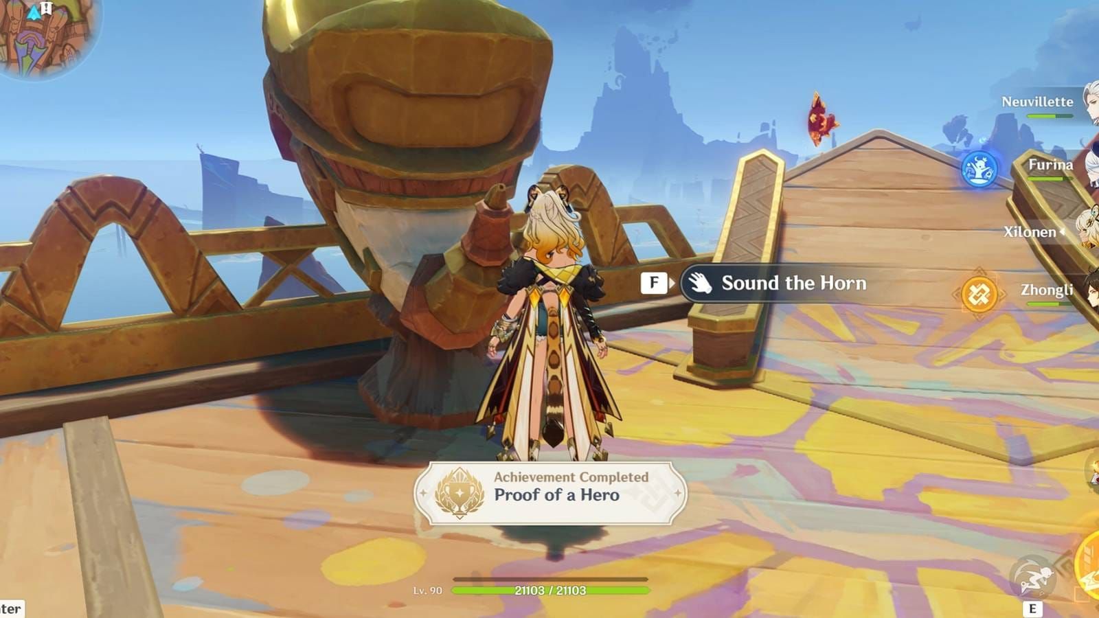 Genshin Impact horn sequence puzzle diagram showing correct activation order for Proof of a Hero achievement