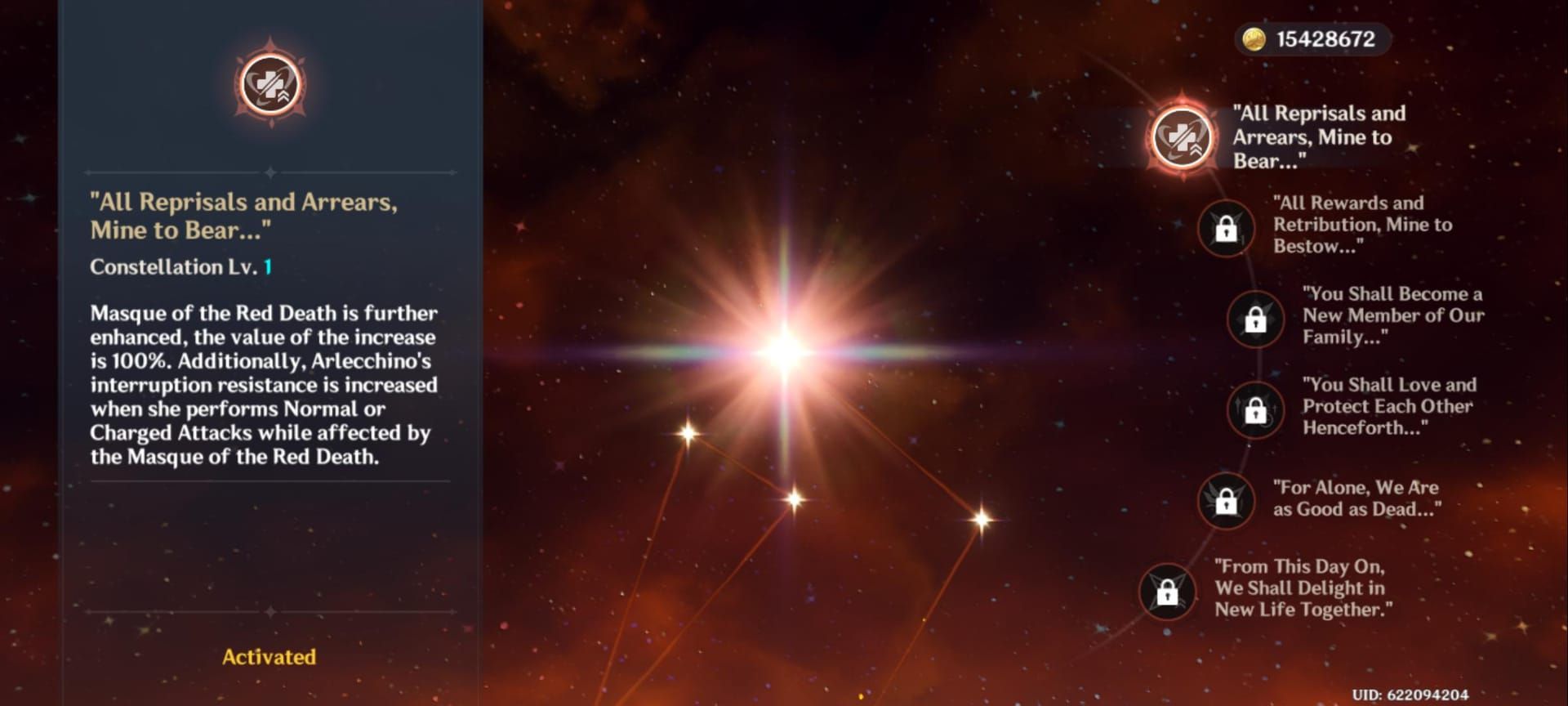 Details zu Arlecchinos erstem Sternbild (C1) im Genshin Impact Charaktermenü