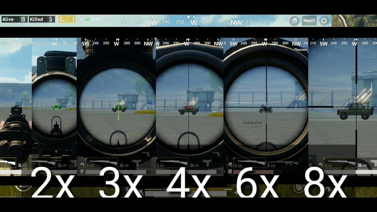 Comparison of different PUBG Mobile scope types from red dot to 8x magnification