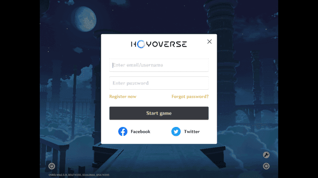 واجهة تسجيل الدخول لعميل Genshin Impact للكمبيوتر الشخصي مع حقول حساب HoYoverse