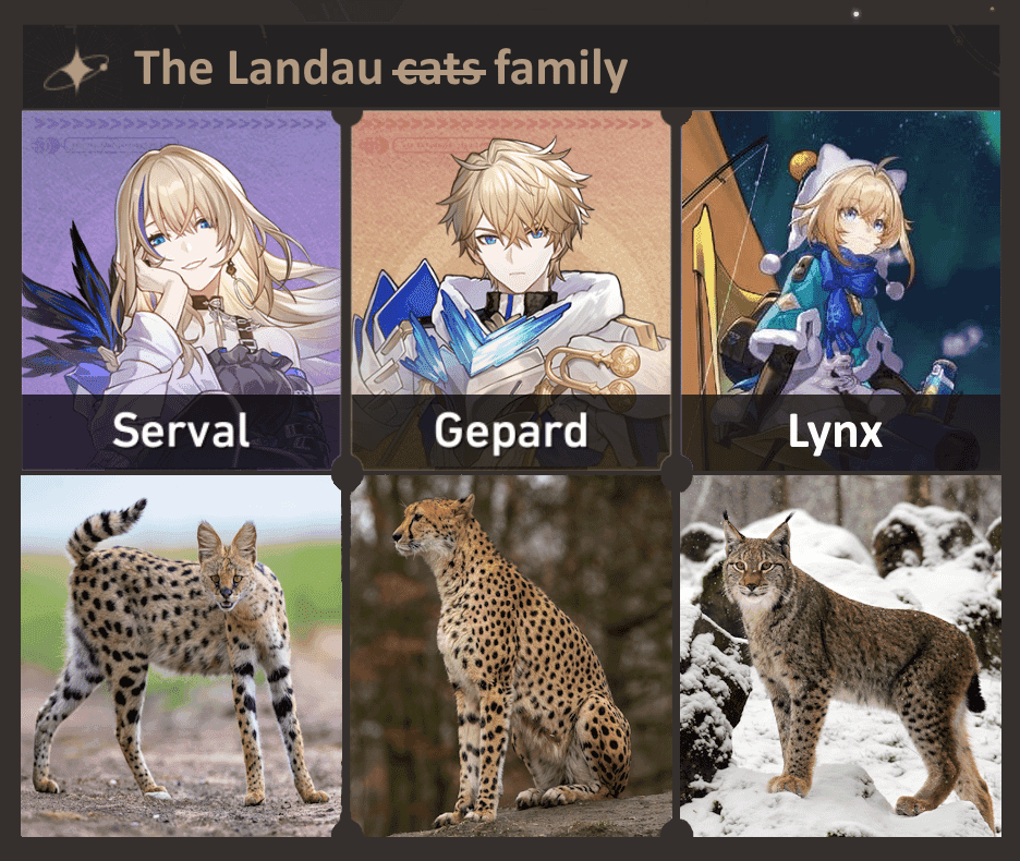 The Landau family members - Gepard, Serval, and Lynx from Honkai Star Rail