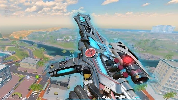 Captura de tela da Base de Foguetes em Blood Strike Praia Skyline mostrando armazéns e loot