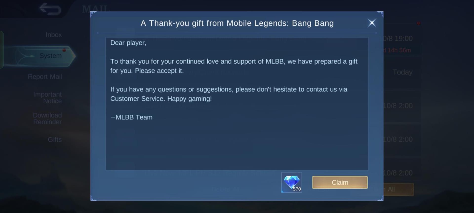 Mail di ricompense diamanti MLBB in-game sicure