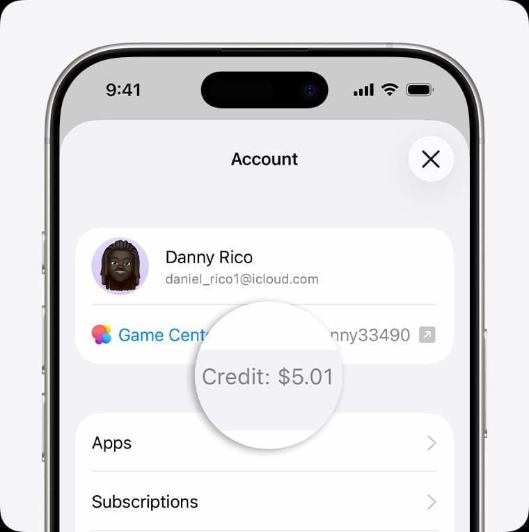 Apple Vision Pro Settings Media & Purchases screen displaying Apple ID balance from Apple Gift Card (US)