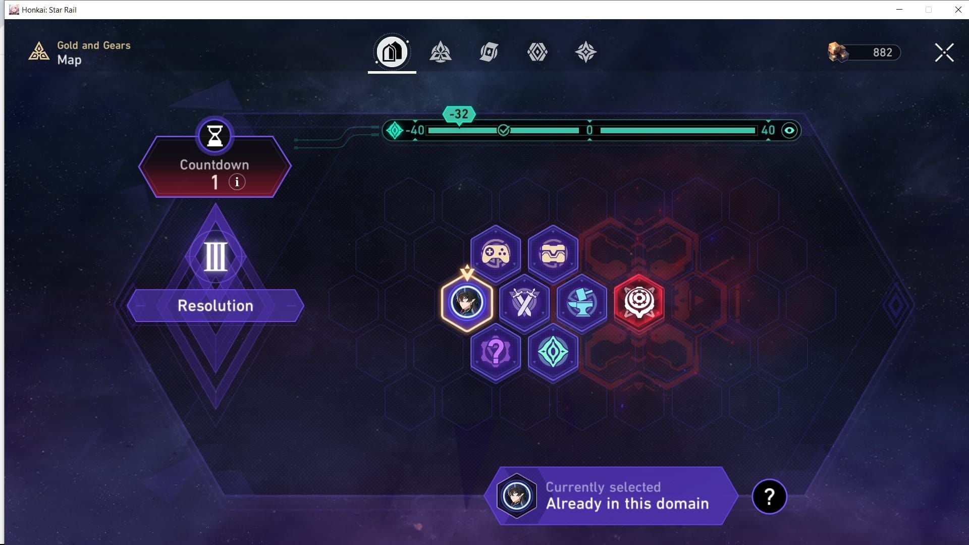 Mapa del Primer Plano de Oro y Engranajes de Honkai Star Rail con iconos de dominio y rutas de navegación