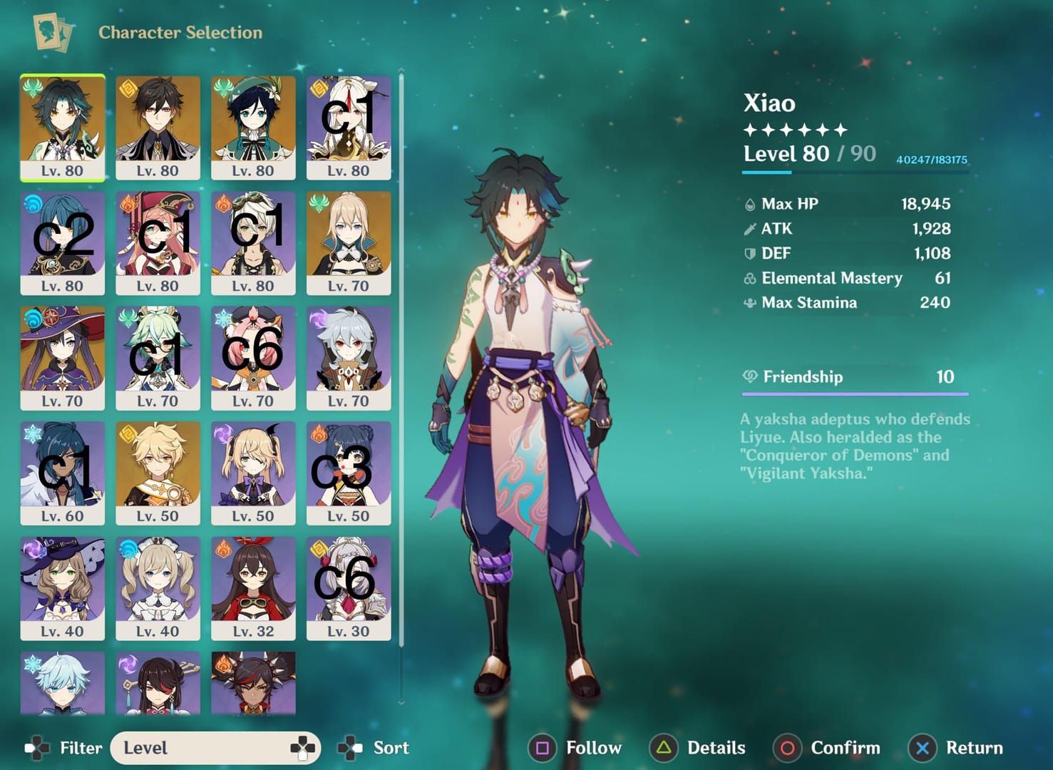 Optimal Xiao team composition featuring Xiao, Xianyun, Faruzan, and Furina characters arranged in formation