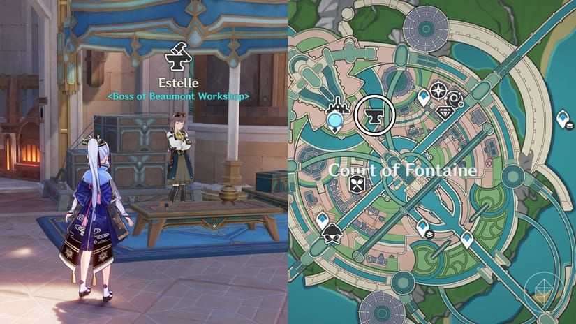 Карта кузницы Фонтейна с Эстель для получения чертежа Тени волны в Genshin Impact