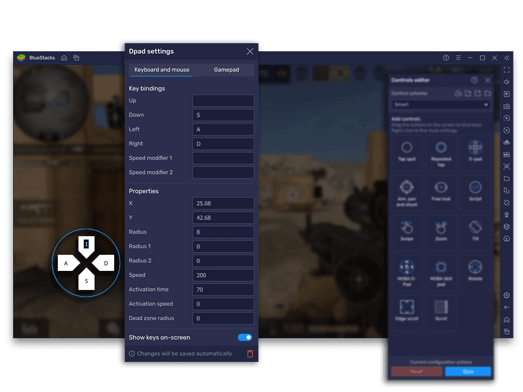 BlueStacks game controls panel showing key overlay options