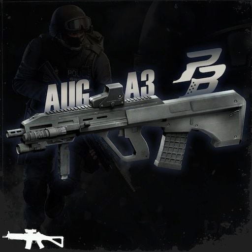 Player aiming down sights with an AUG A3 rifle in Point Blank tactical combat