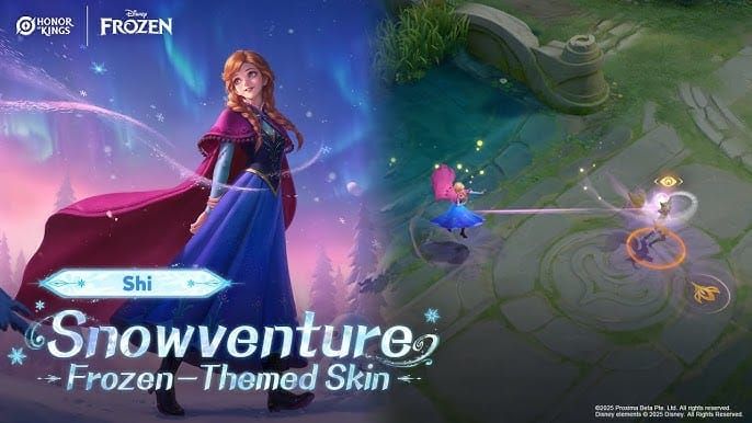 Honor of Kings Shi in Snowventure skin featuring magenta cape and snow effects
