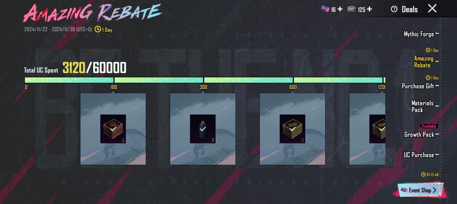 Captură de ecran a tab-ului Events din PUBG Mobile pentru urmărirea progresului evenimentului UC Rebate