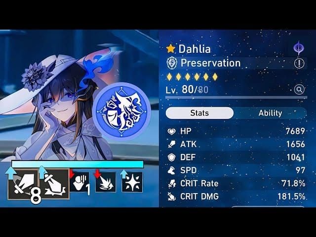 होनकाई स्टार रेल में डाहलिया चरित्र स्टैट्स स्क्रीन ब्रेक इफ़ेक्ट और स्पीड मान दिखा रही है