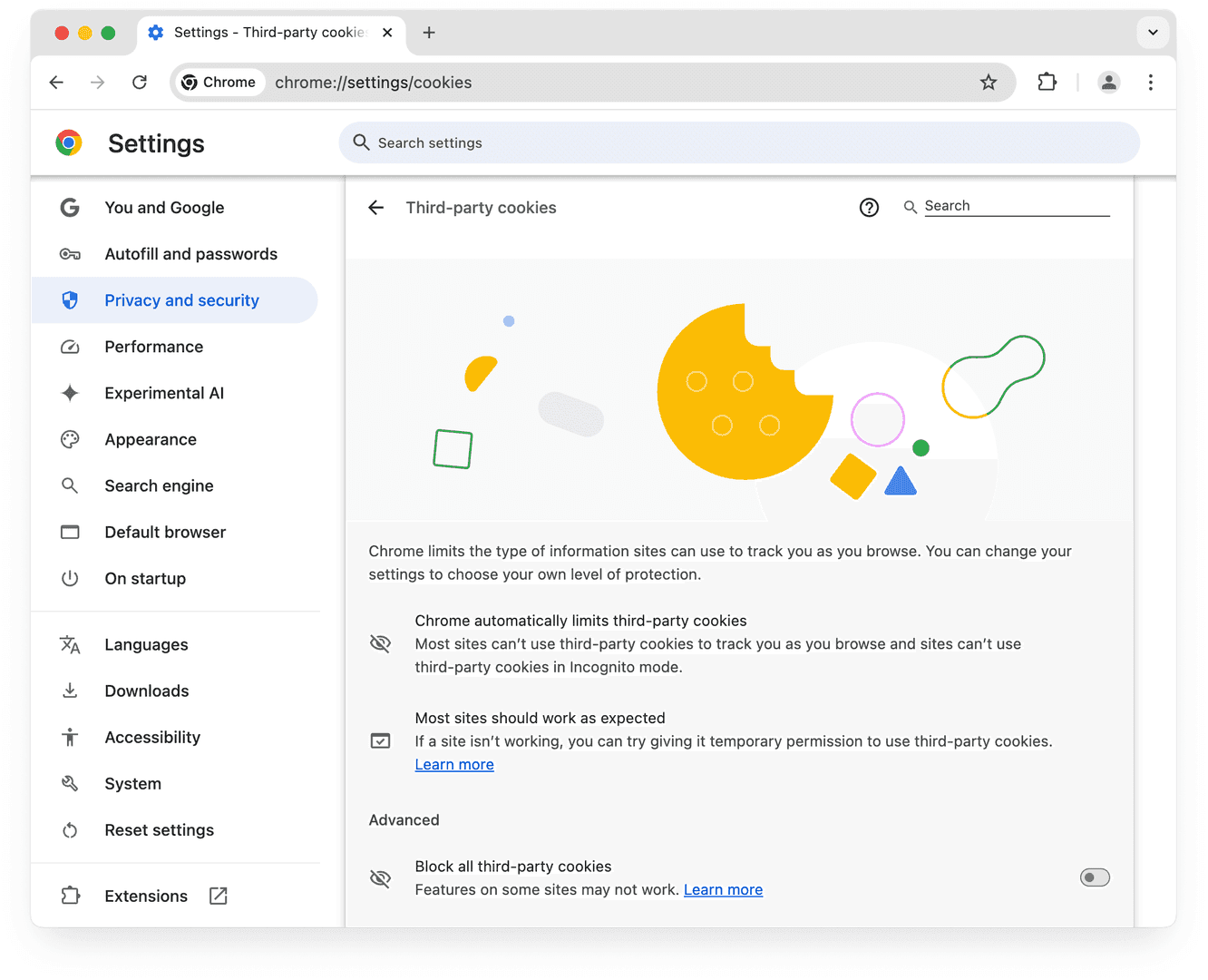 Chrome browser settings page showing Privacy and Security cookies configuration for payments