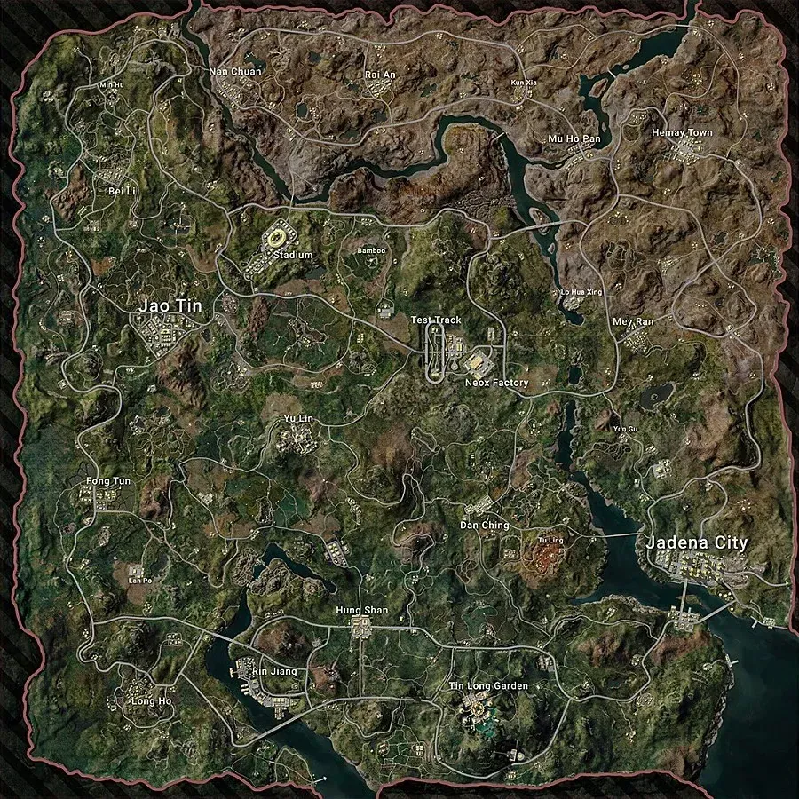 خريطة ببجي موبايل روندو تظهر بيئة الغابة الخيالية مع النباتات المتوهجة بيولوجيًا وعناصر اللعب العمودية