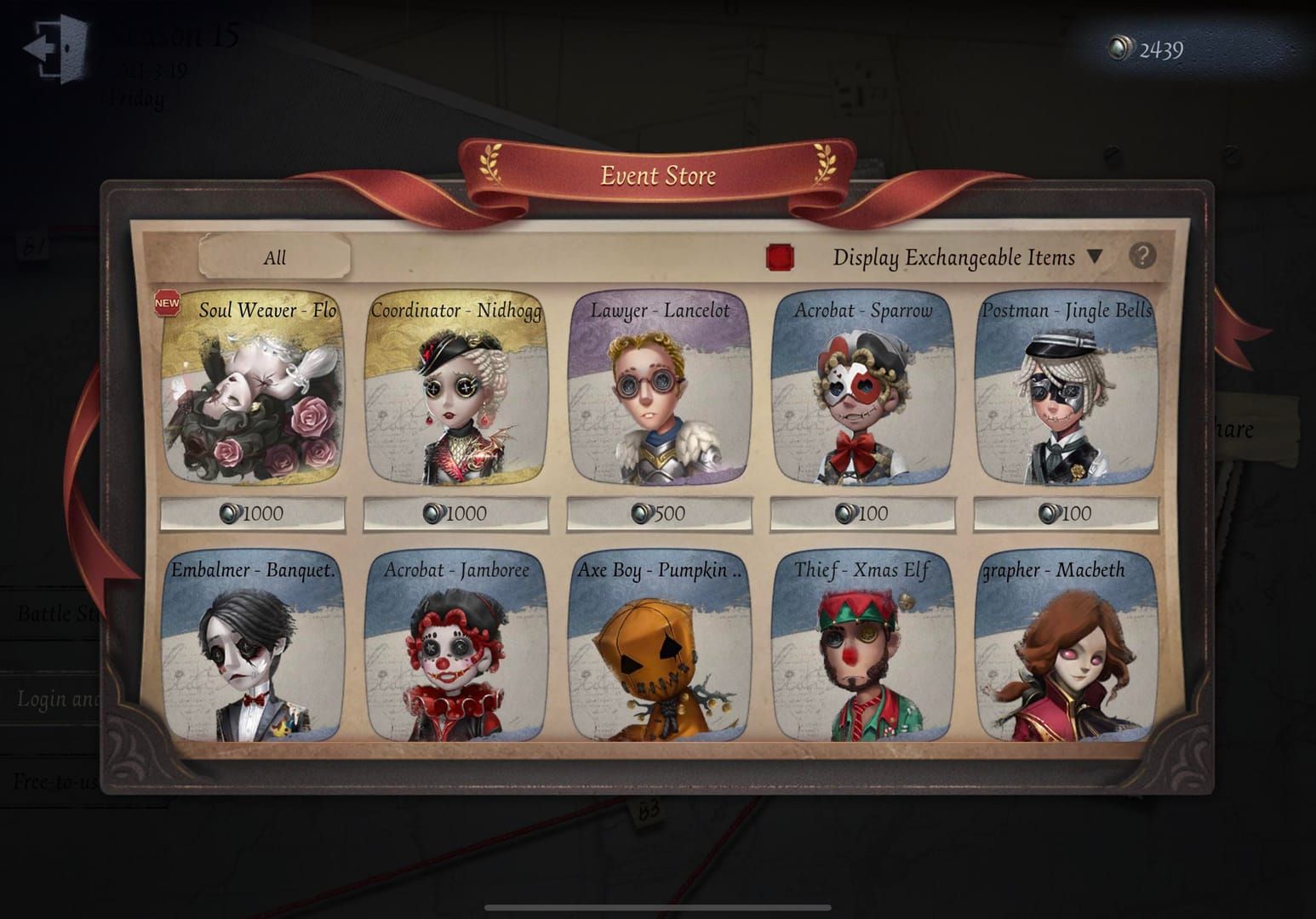 Identity V Shop-Interface für Saison 42 Jäger-Skins und Echo-Preise